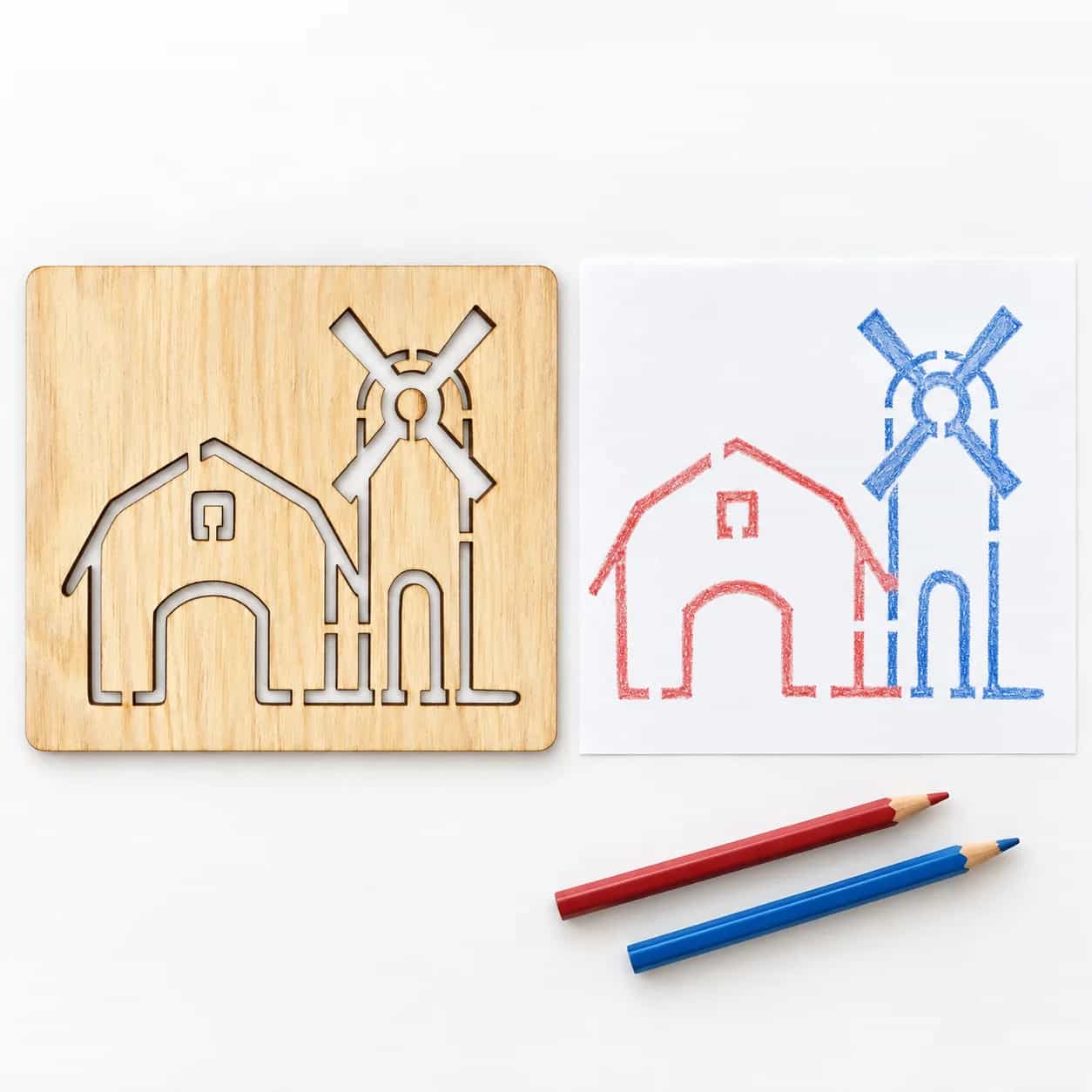 KresliSoMnou – Pochoir à dessiner – Objets – Ferme avec moulin à vent