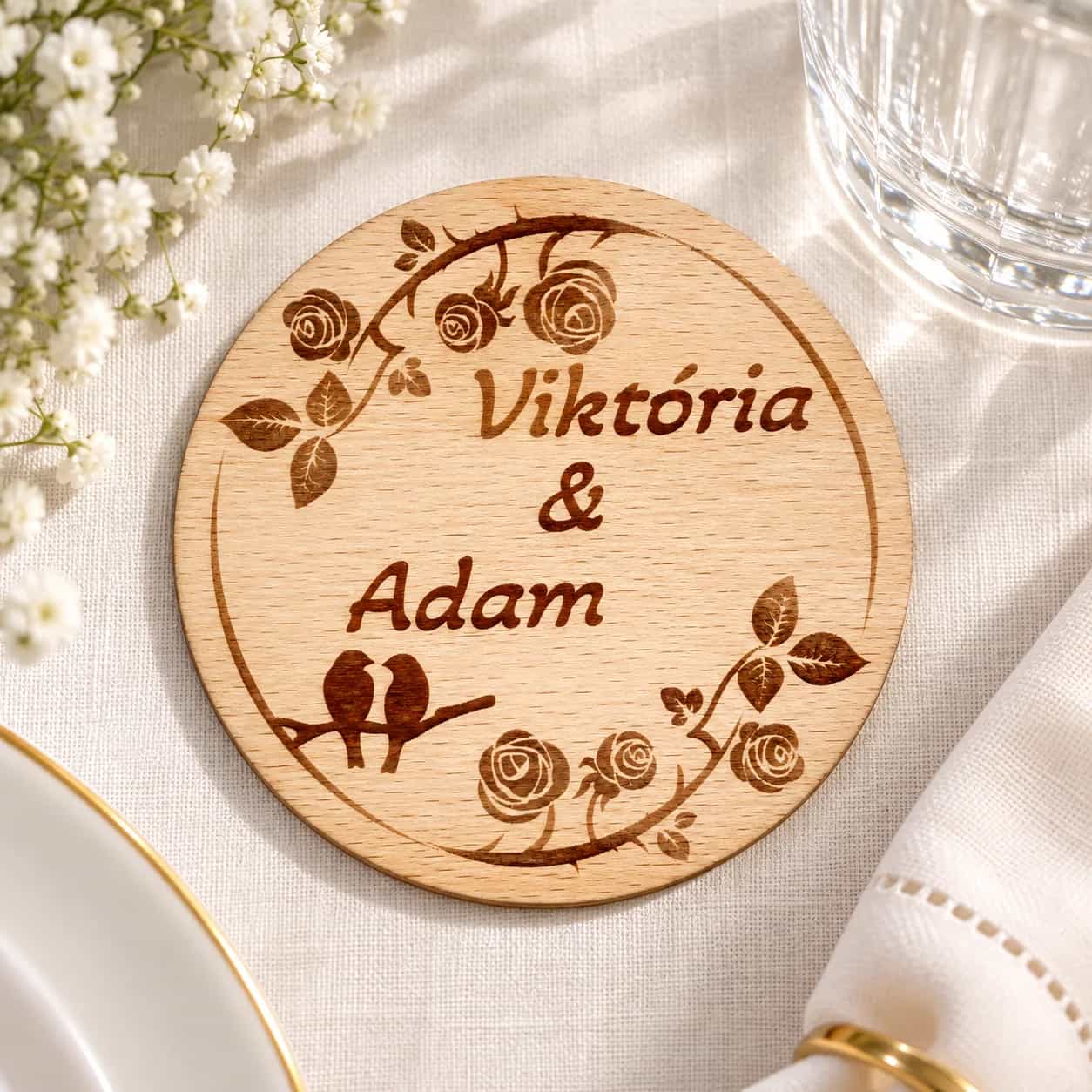 Hochzeitsuntersetzer aus Holz mit Name und Datum – Design Nr. 2