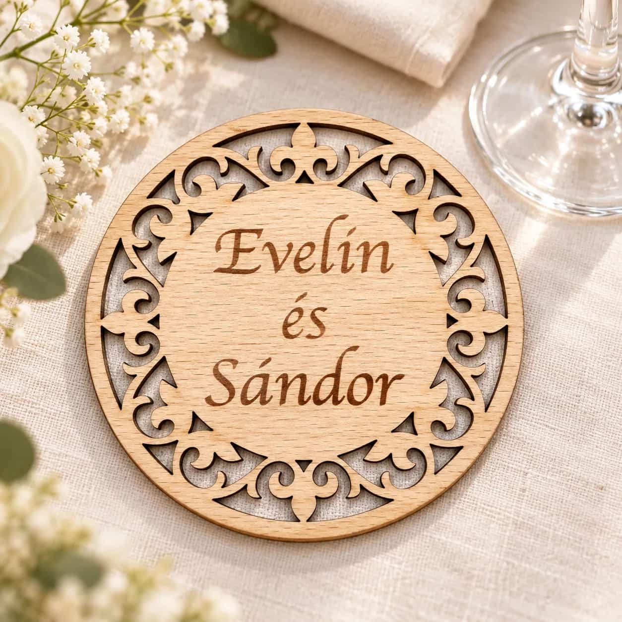 Hochzeitsuntersetzer aus Holz mit Name und Datum – Design Nr. 4