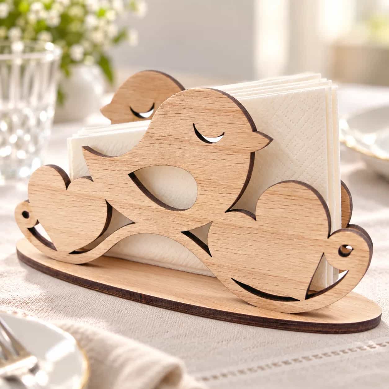 Serviettenhalter aus Holz – Vogel und Herzen