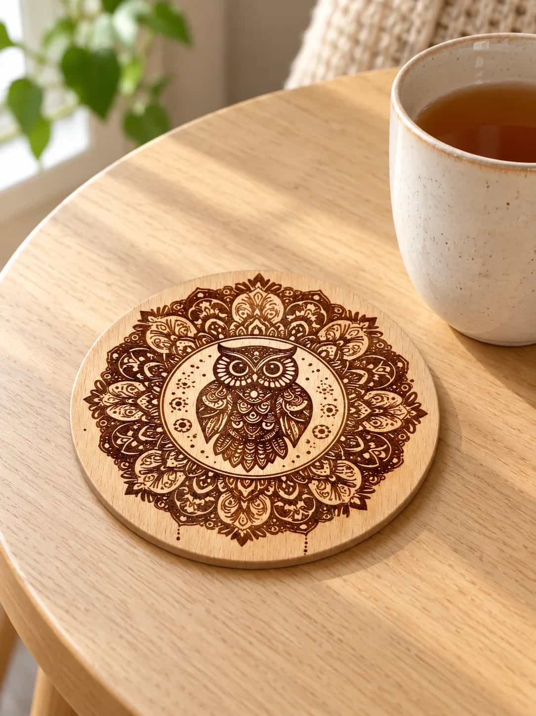 Drevená gravírovaná podtácka – Mandala sova