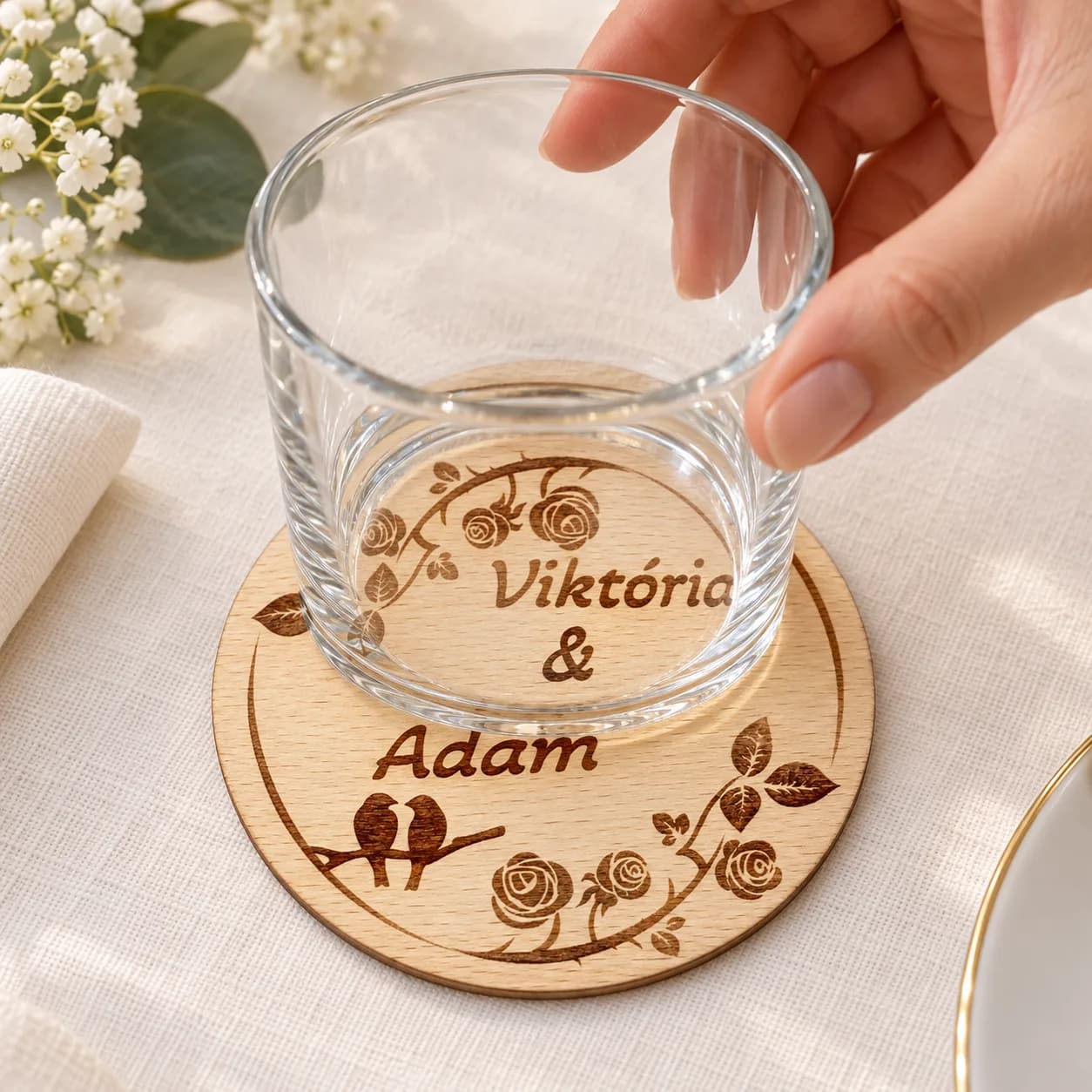 Hochzeitsuntersetzer aus Holz mit Name und Datum – Design Nr. 2