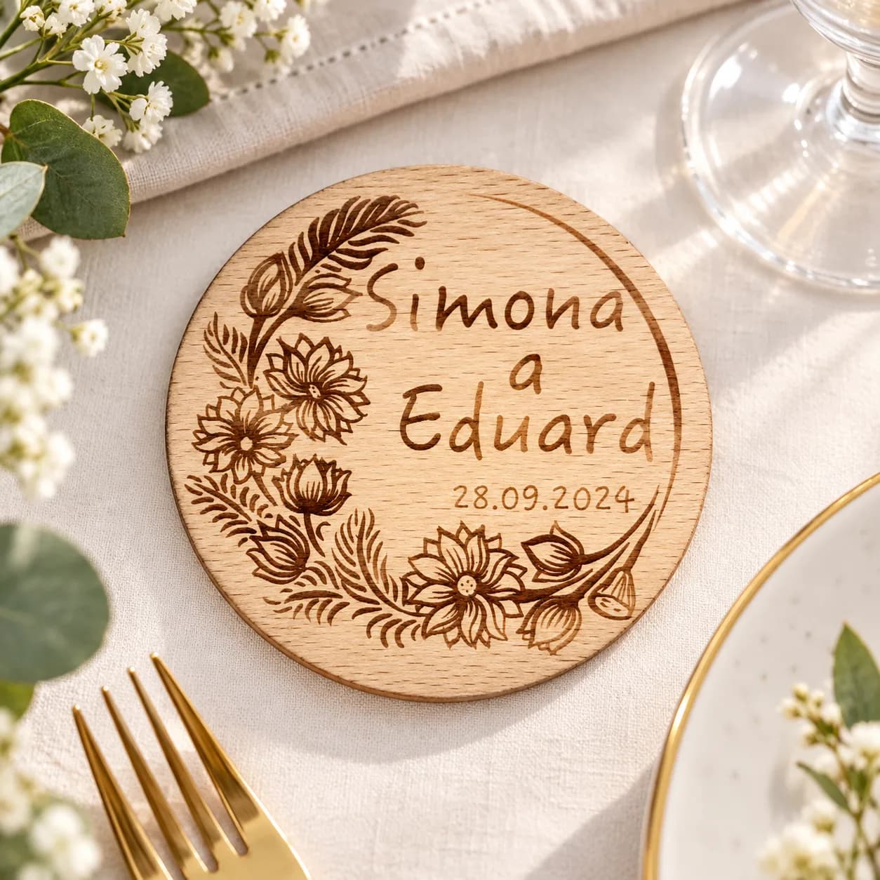 Dessous de verre de mariage en bois – modèle n° 3