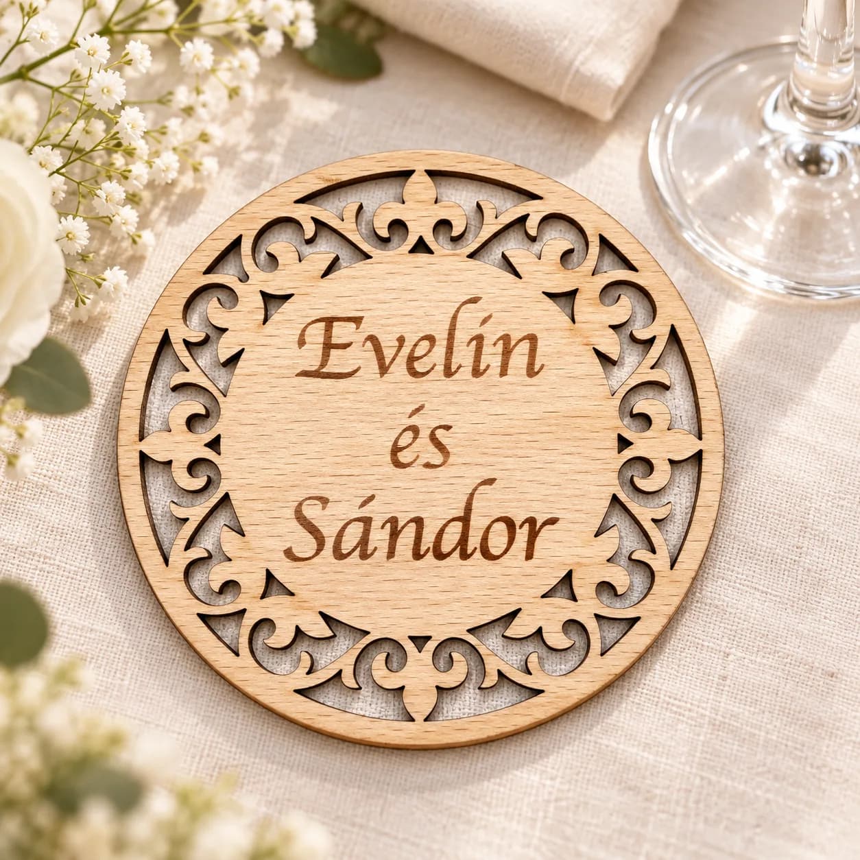 Dessous de verre de mariage en bois – modèle n° 4