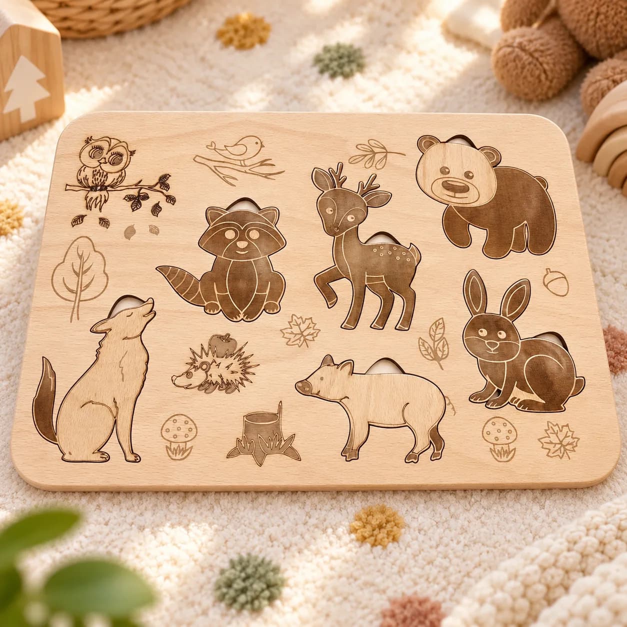 Mysli&Vlož – puzzle din lemn cu incastre – Animale din pădure