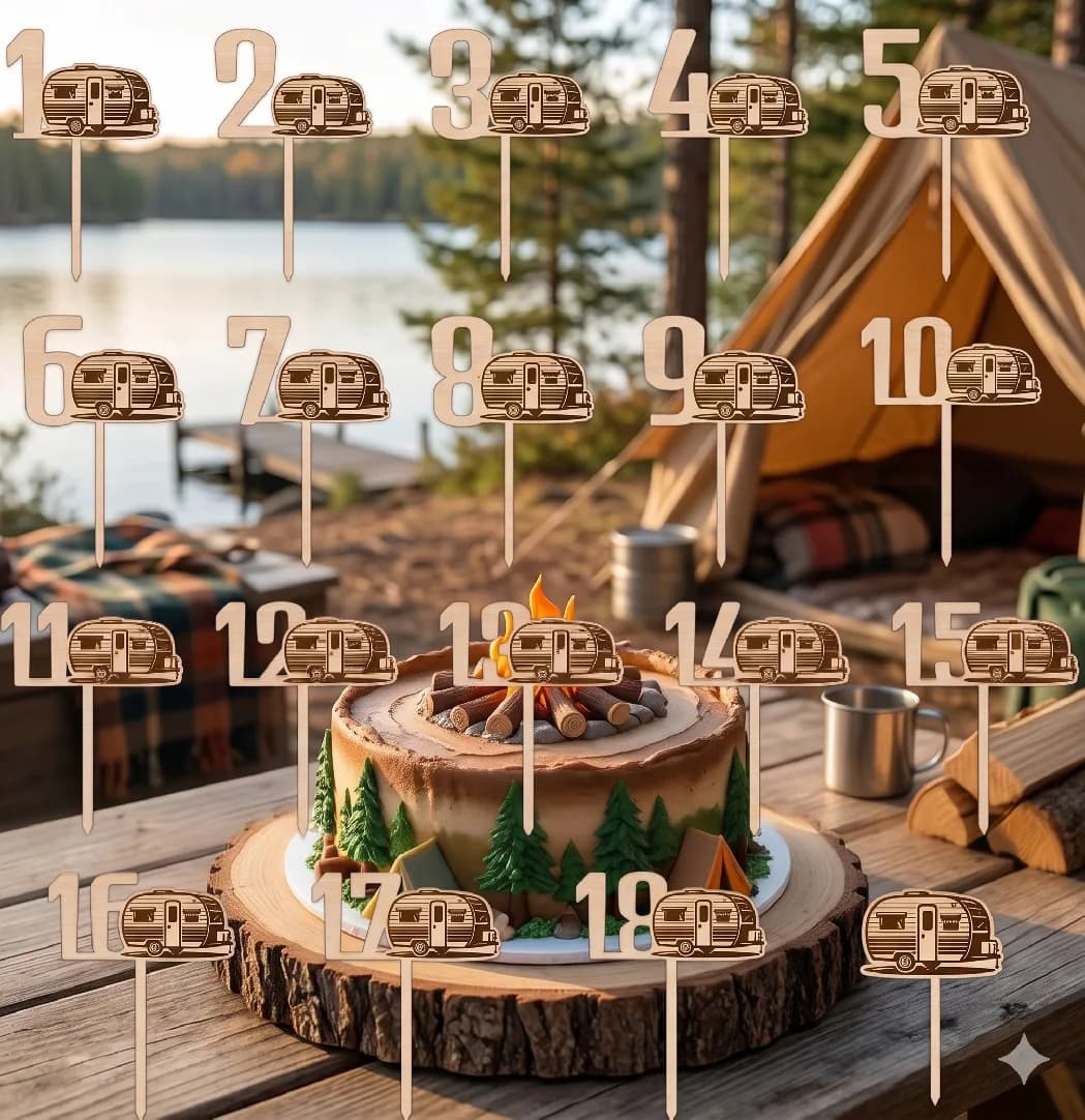 Drewniany topper na tort – przyczepa kempingowa retro