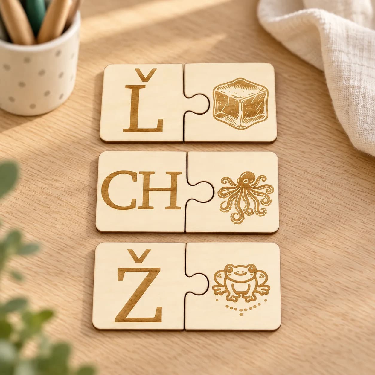 Písmenkáčik ábécé-puzzle – betűk és képek párosítása (fa)