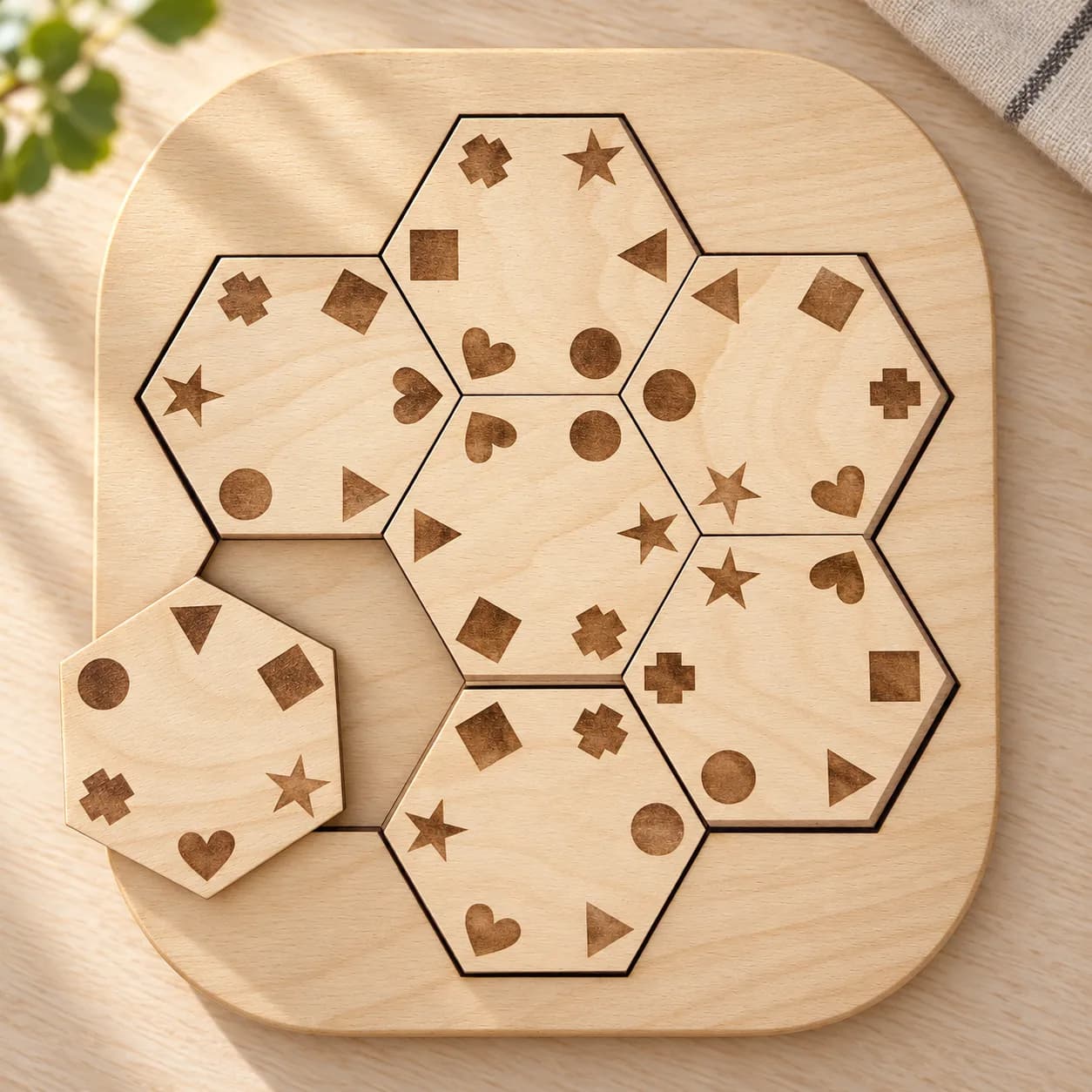Holz-Logikpuzzle – Formen im Sechseck