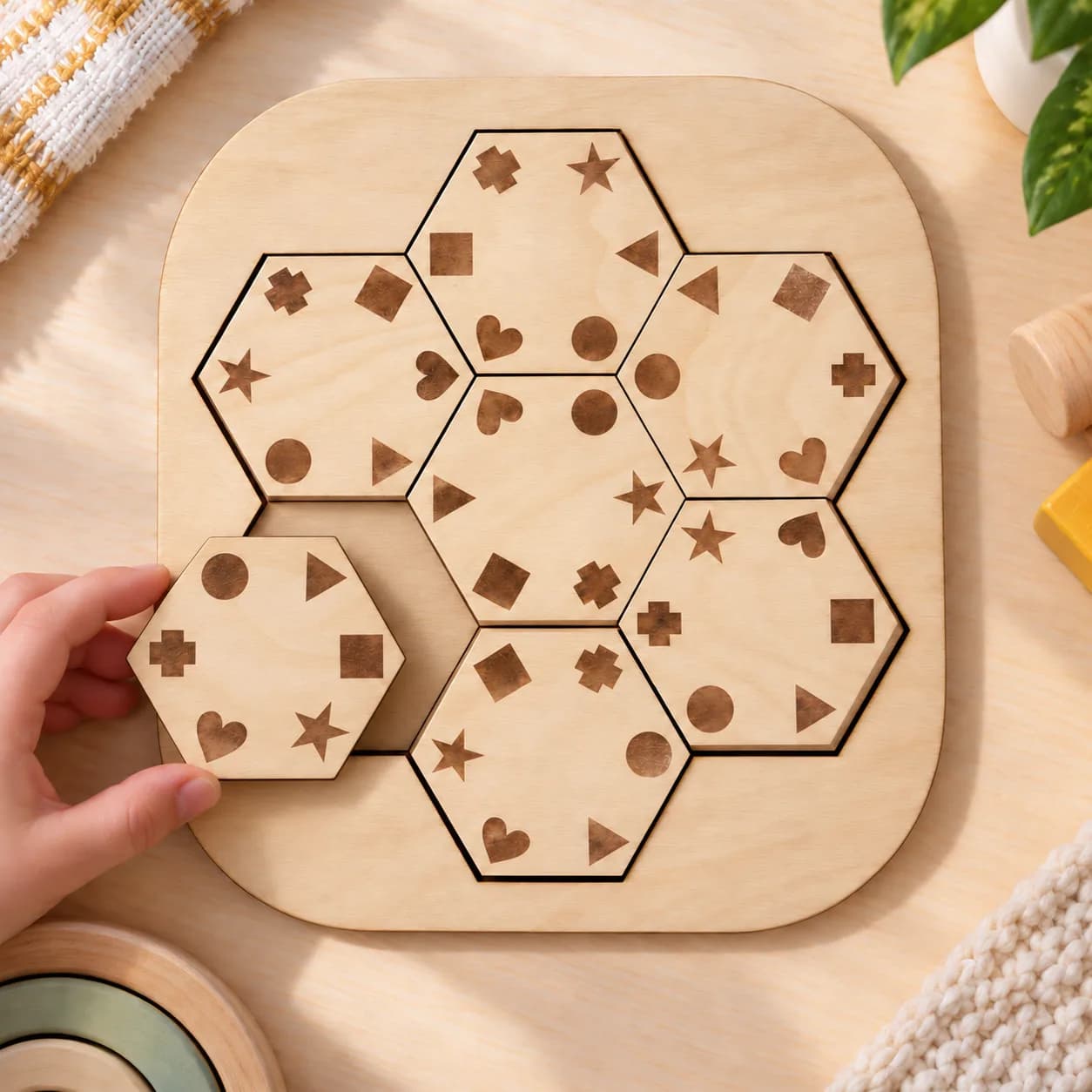 Holz-Logikpuzzle – Formen im Sechseck