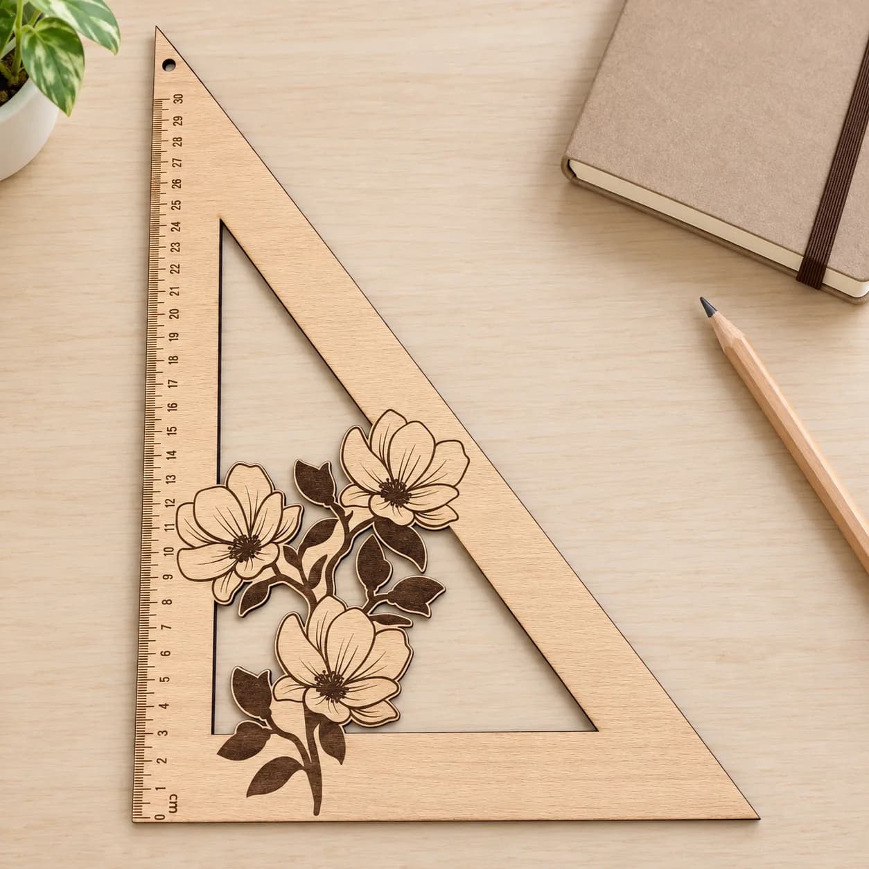 Drevené trojuholníkové pravítko 30 cm – gravírované (3 motívy) - Kvetinový