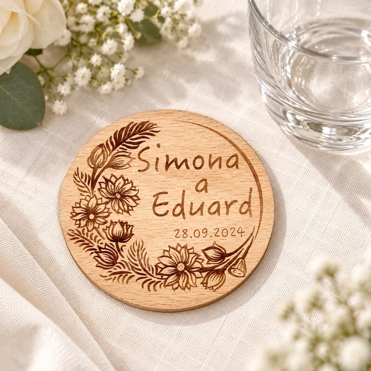 Dessous de verre de mariage en bois – modèle n° 3