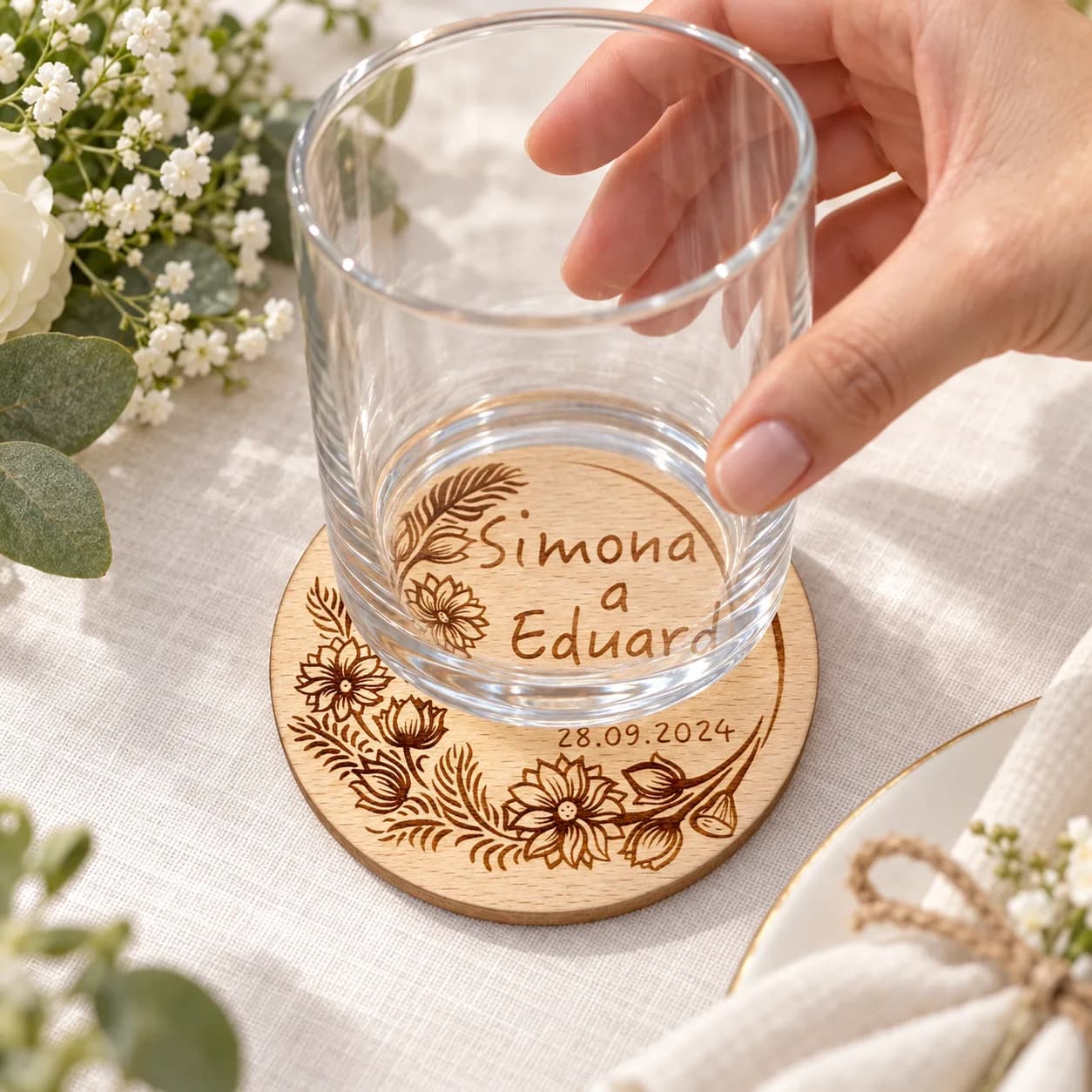 Dessous de verre de mariage en bois – modèle n° 3