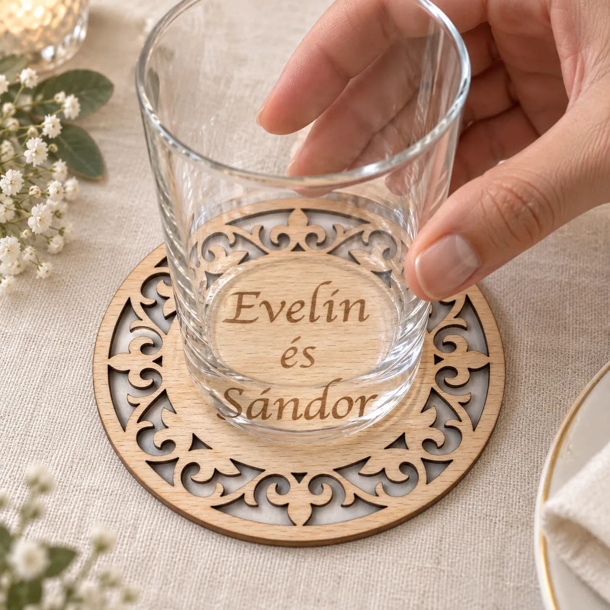 Dessous de verre de mariage en bois – modèle n° 4