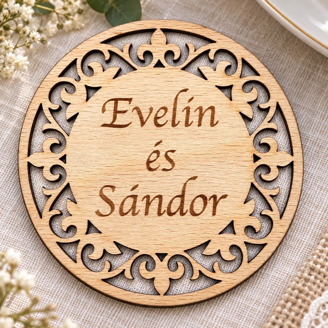 Dessous de verre de mariage en bois – modèle n° 4