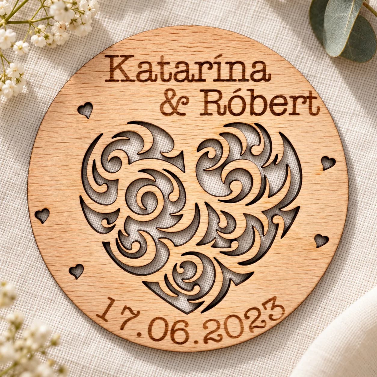 Sous-verres de mariage en bois avec prénom et date – modèle n° 10