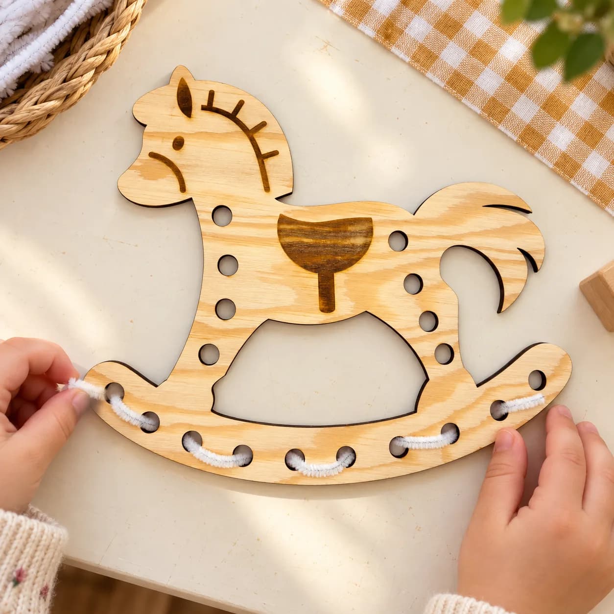 MaxiDots Fädelform aus Holz – Schaukelpferd