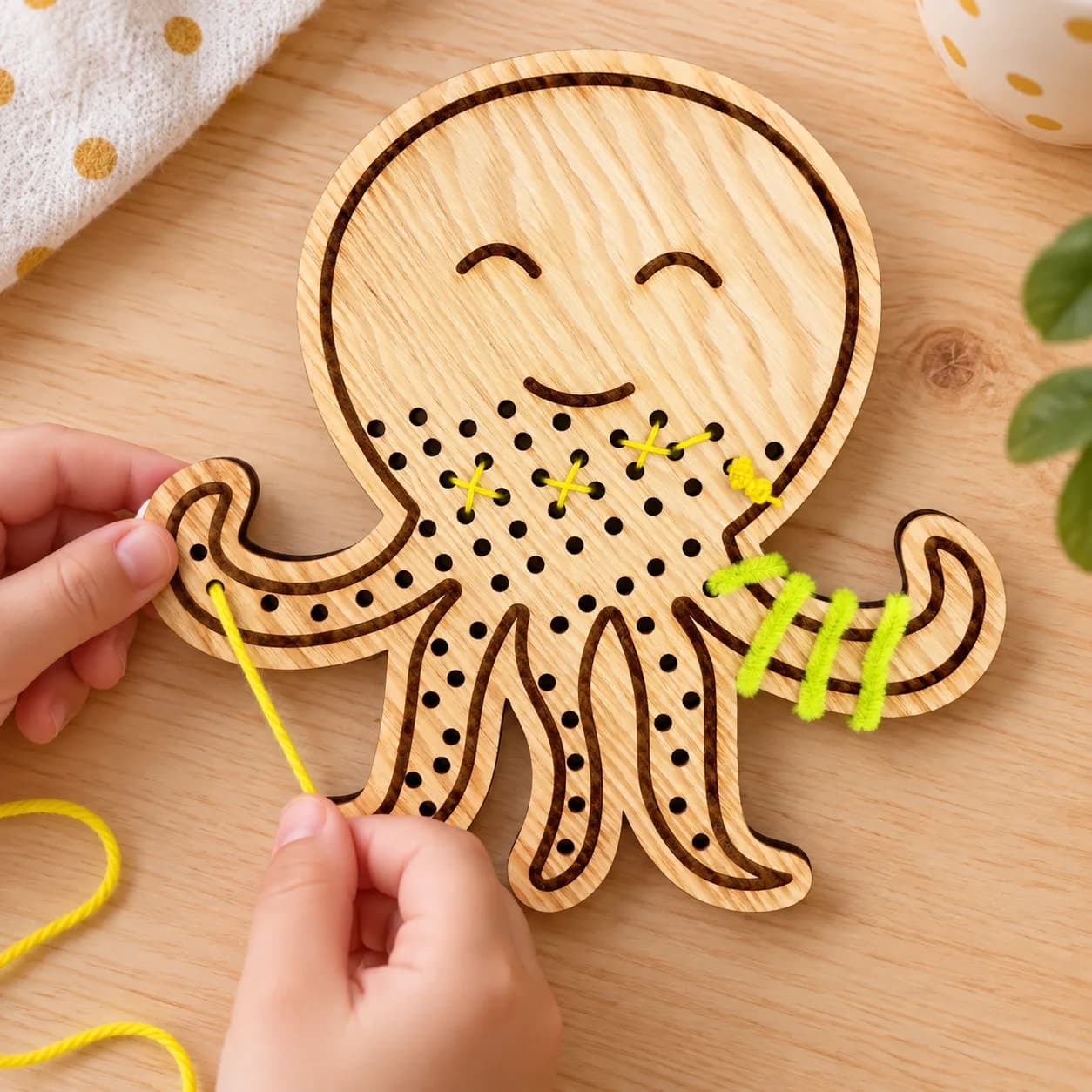 Holz-Fädelform MiniDots – Oktopus