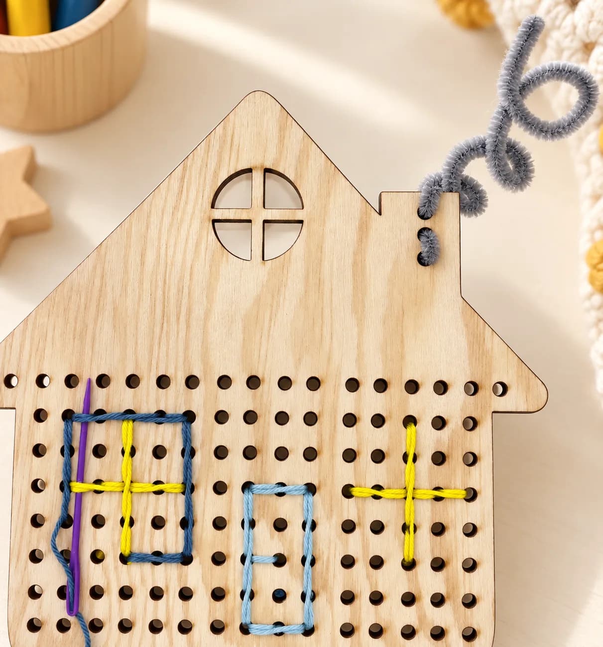 Holz-Fädelform MiniDots – Häuschen