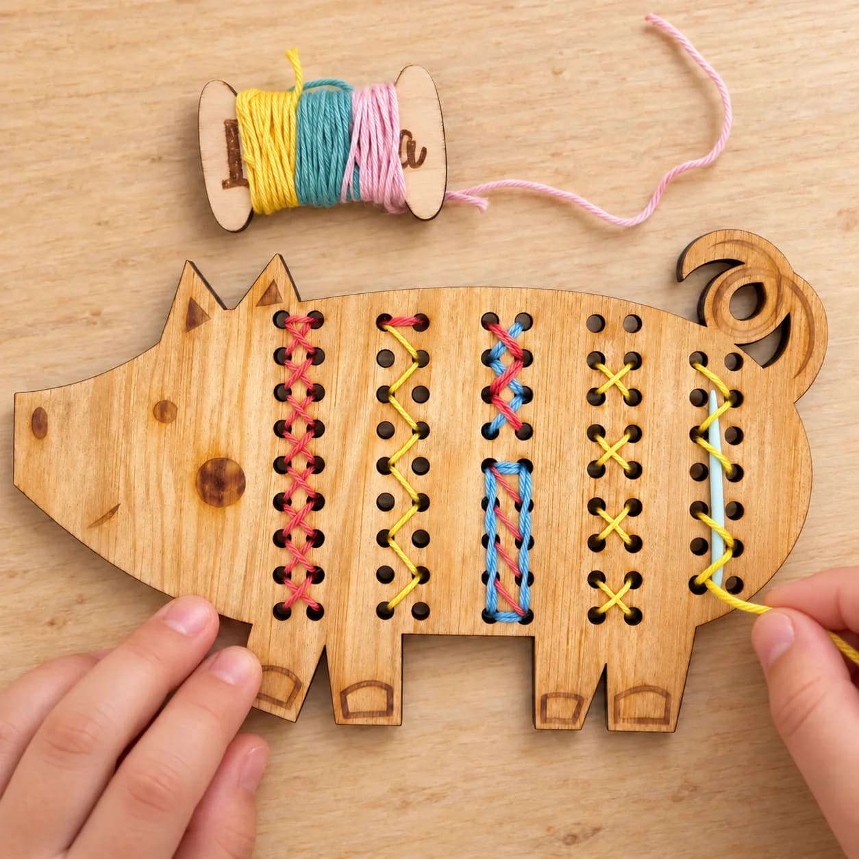 Holzformen zum Fädeln - MiniDots - Schweinchen
