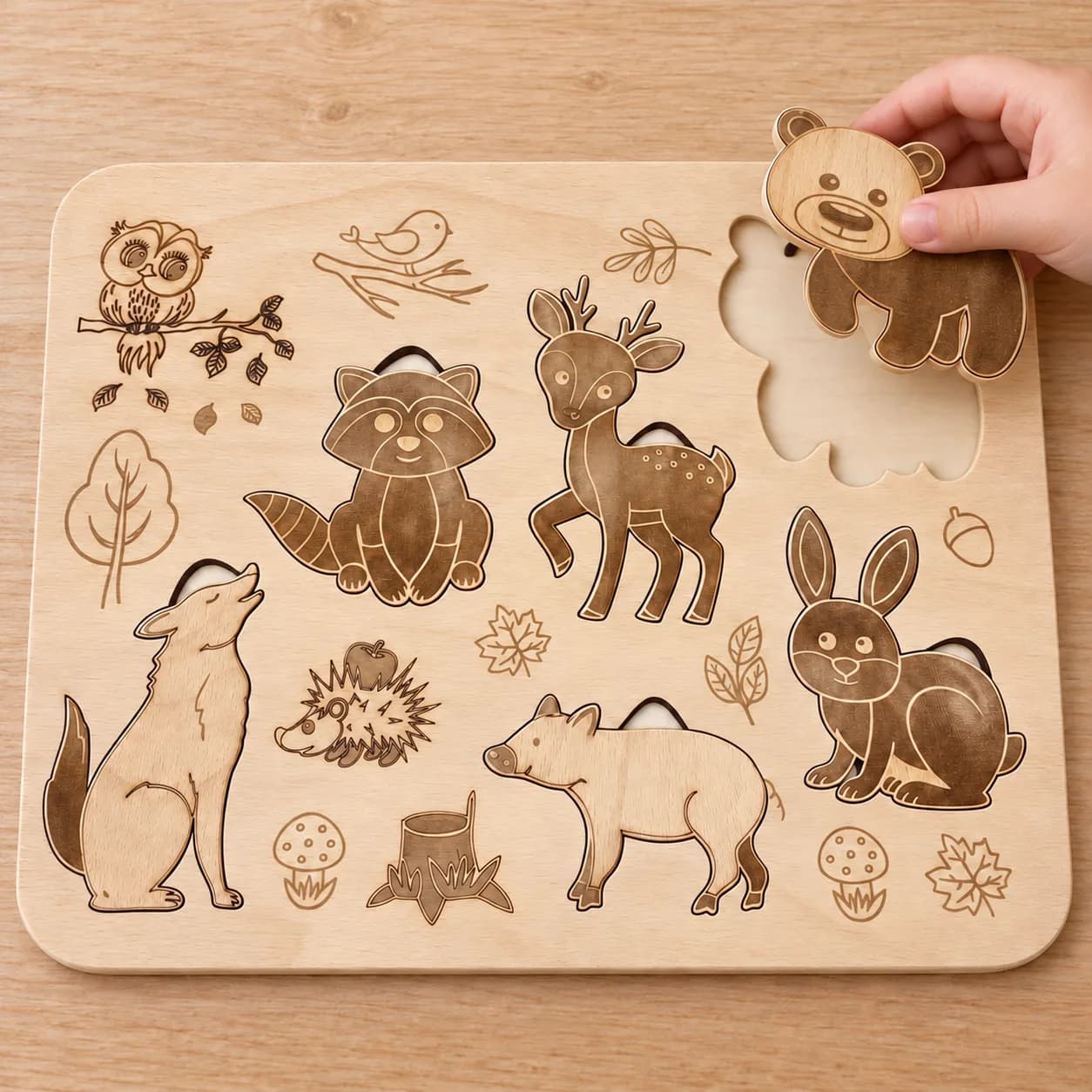 Mysli&Vlož – puzzle din lemn cu incastre – Animale din pădure