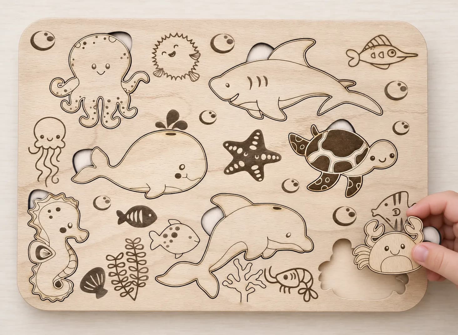 Mysli&Vlož – puzzle din lemn cu incastre – Ocean