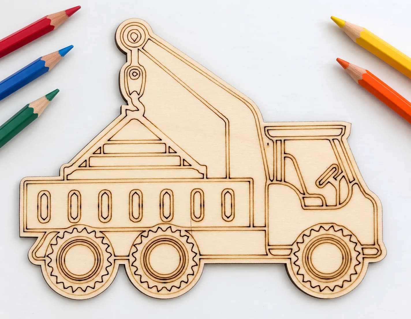 PaintMe Holz-Malbild – Autos – Autokran mit Haken